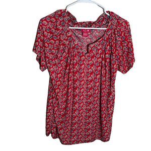 Studio M Blouse Women's Large V-Neck Red Floral Short Sleeve Casual Shirt Top